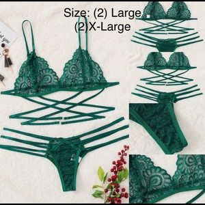 Floral Lace Ladder Cut-out Lingerie Set In Green